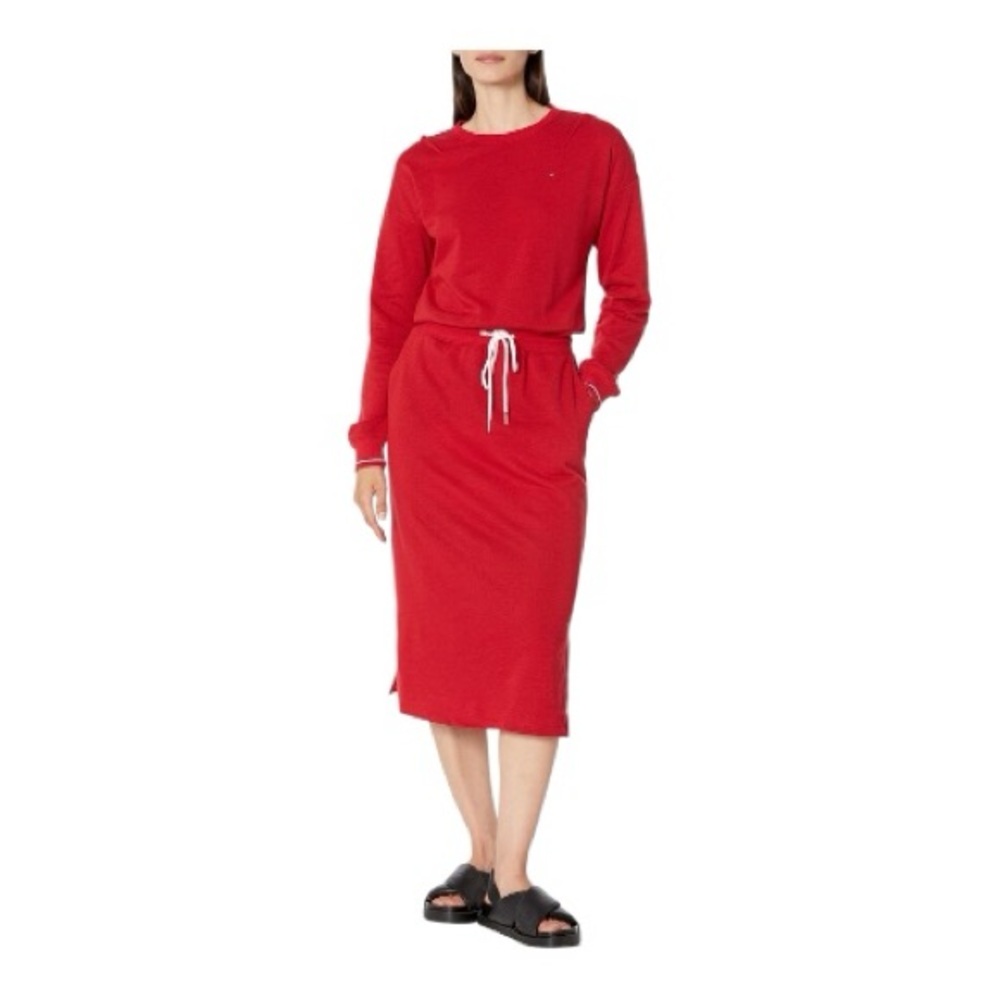 Tommy Hilfiger Sweater Dress Red w/ Drawstring Waist Sz M Midi Length